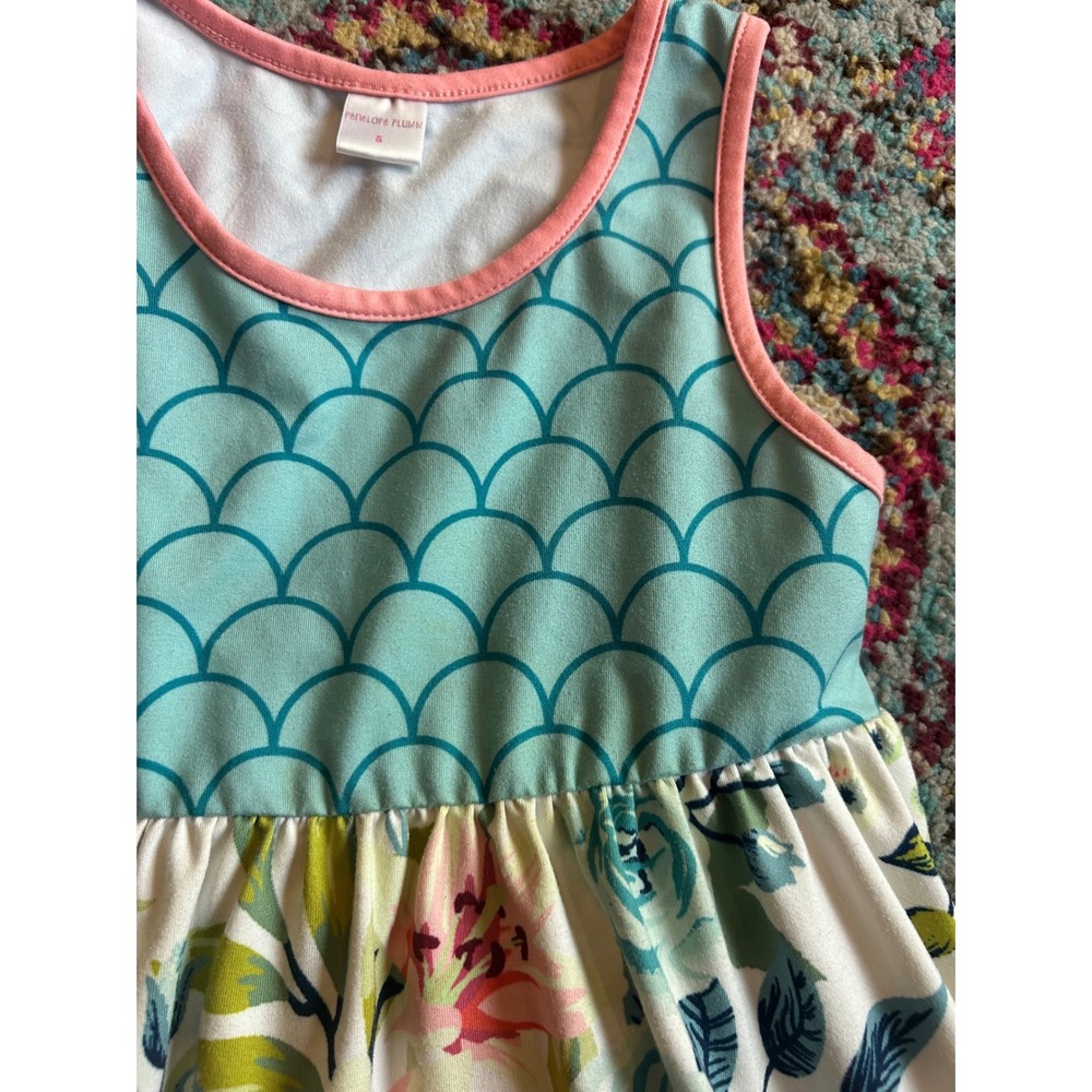 Penelope Plumm Dress Blue Pink Floral Mermaid Scale Ruffle Hem Summer Girl 5 - Picture 2 of 10